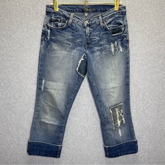 Bebe Y2K Patchwork Rolled Hem Heavy Stitching Cropped Capri Jeans - Picture 1 of 6
